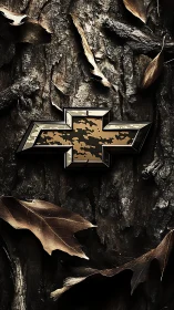 Metallic camo emblem contrasts against textured bark surface