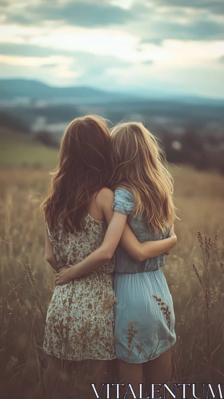 Two Sisters Embrace Against Mountain Horizons in Golden Hour
