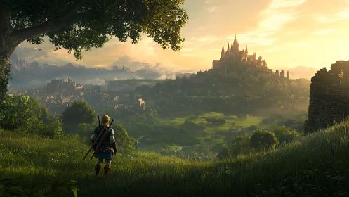 Lone adventurer overlooking sunlit fantasy valley citadel.