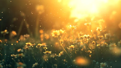 Golden daisies glow gently in a warm, dreamlike sunset meadow