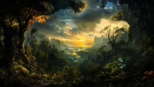 Enchanted Forest Cavern Framing Golden Sunset Valley.