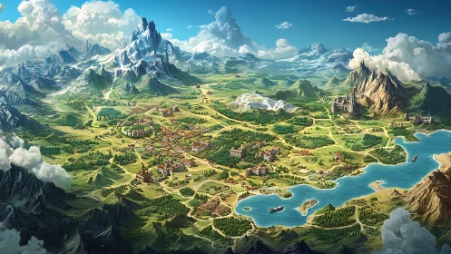 Fantasy kingdom world map in panoramic digital painting style.