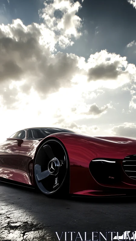 Low-angle view of red Mercedes concept car at sunset.