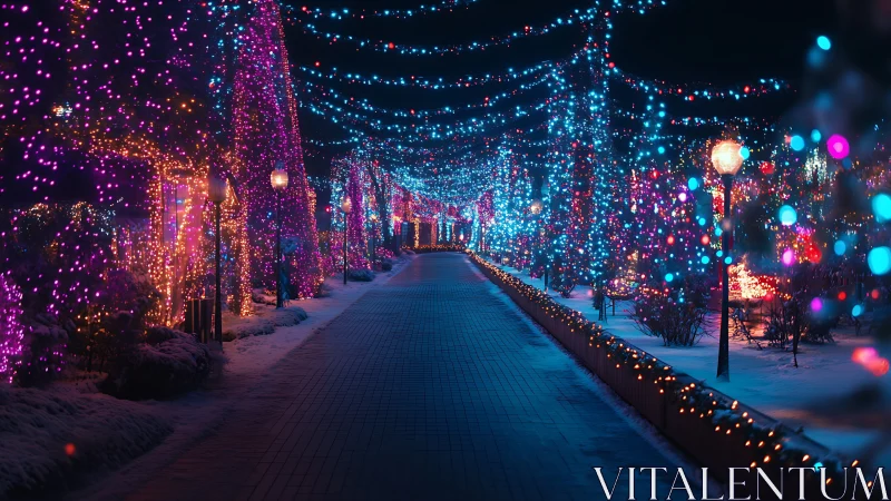 Winter walkway is covered in dense multicolored string lights