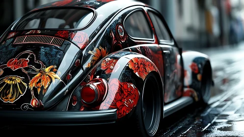 Classic compact car with floral body art on wet street.
