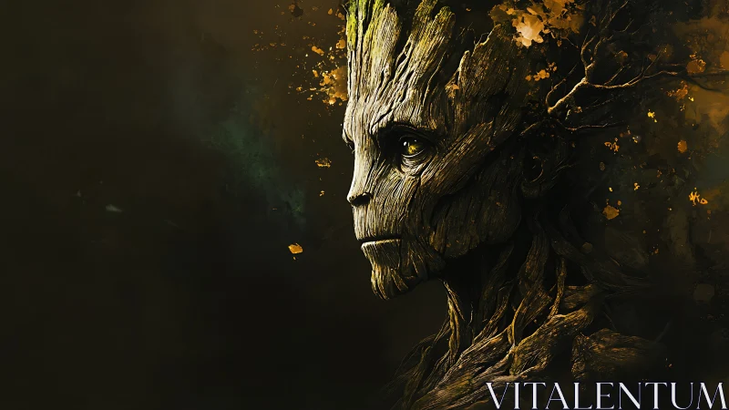 Wooden forest guardian gazes through shadows and embers.