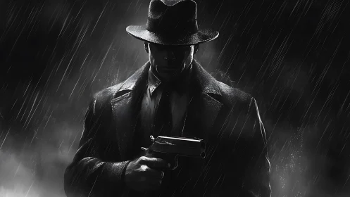 Noir detective in rain holding handgun, shadowed profile.