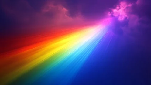 Prismatic light beam cutting storm clouds in saturated sky.