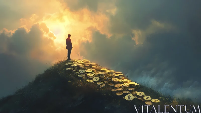 Solitary figure stands on golden coin path toward glowing sky