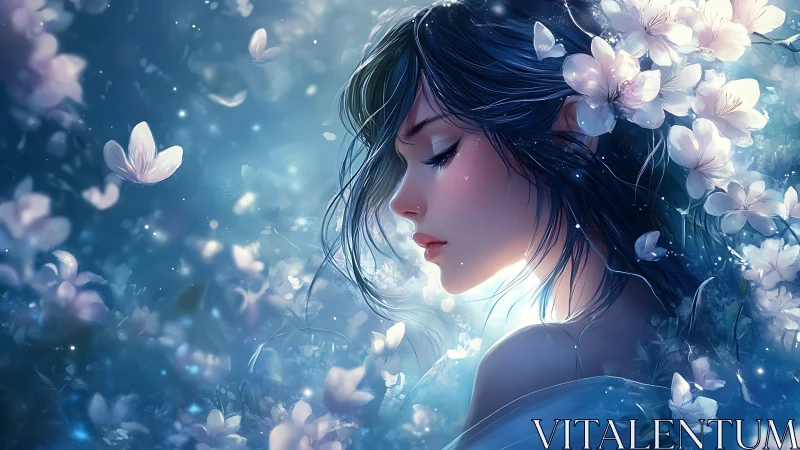 Moonlit blossom muse drifting through a blue hush.