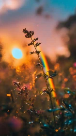 Backlit wildflower stem catches rainbow glow at sunset