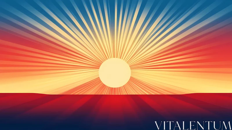 Radiant sunrise bursts over stylized horizon in bold color