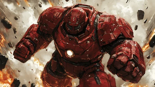 Armored red mech charges through explosions in dynamic battle