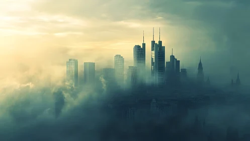Fog-drenched city skyline rises through pale sunrise haze