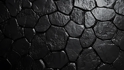 High-gloss irregular basalt stone wall with wet surface sheen