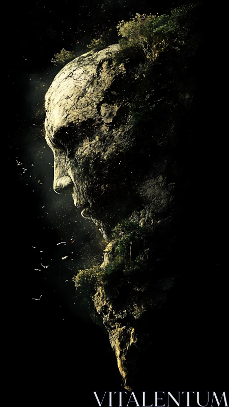 Gentle stone giant watching over a tiny forest world.