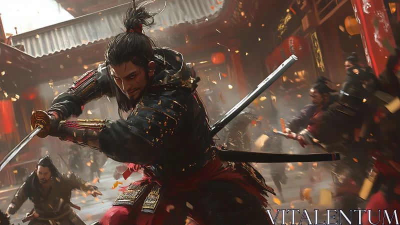 Armored swordsman in courtyard skirmish with falling debris.