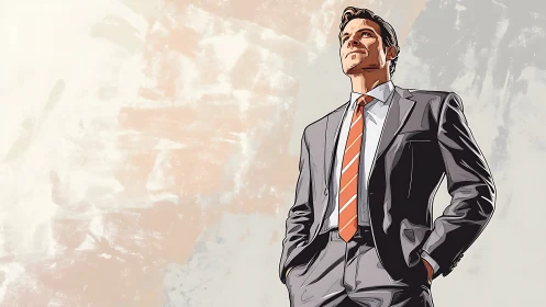 Man in gray business suit stands against abstract pastel wall