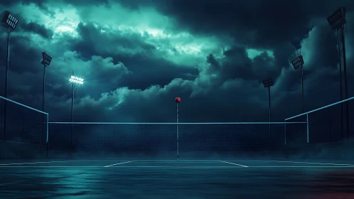 Cinematic night tennis court with moody storm-lit atmosphere.
