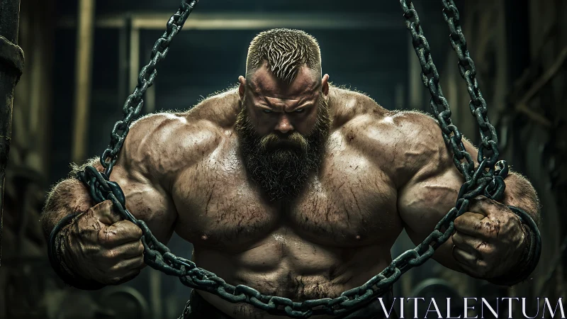 Hyper-muscular bearded strongman straining industrial chains.