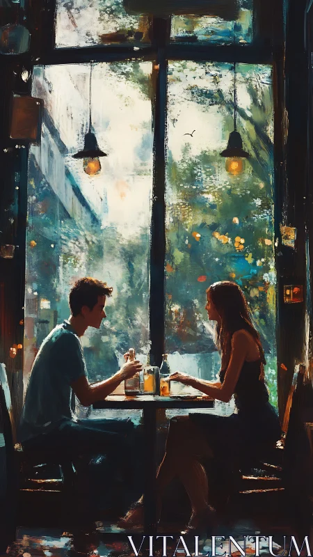 Two figures seated at table viewing urban street through window panes