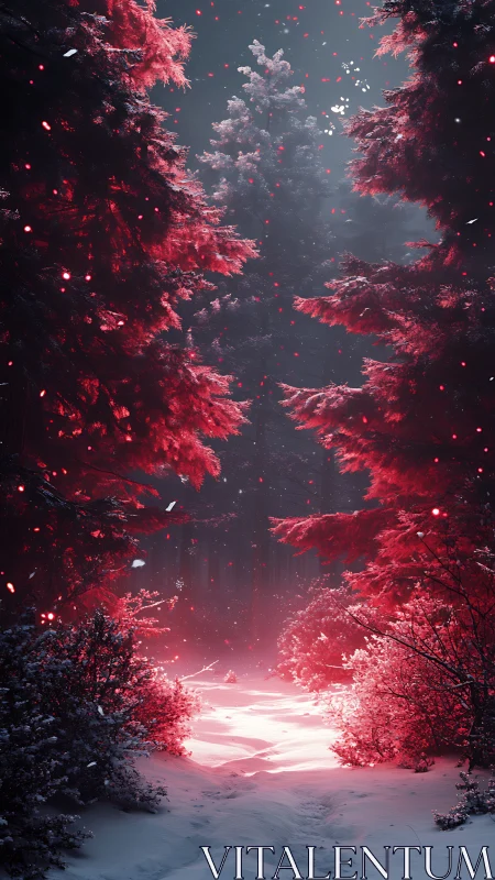 Red-illuminated winter forest path shows strong contrast