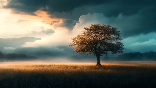Solitary deciduous tree in misty field under storm clouds.