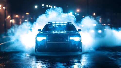 Police patrol car with emergency lights in night street scene.