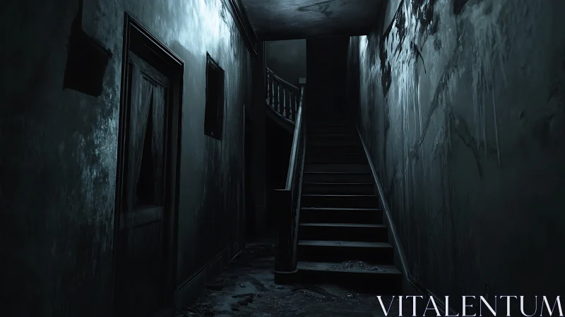Abandoned staircase corridor rendered with cinematic photorealism