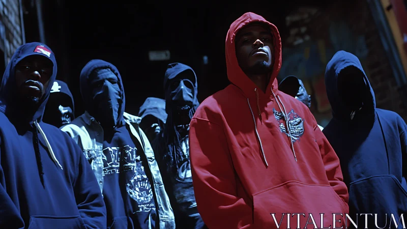 Urban night portrait of hooded street group under hard blue light.