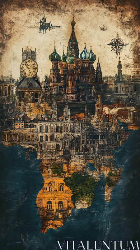 Architectural palimpsest of Europe overlaying cartographic Africa.