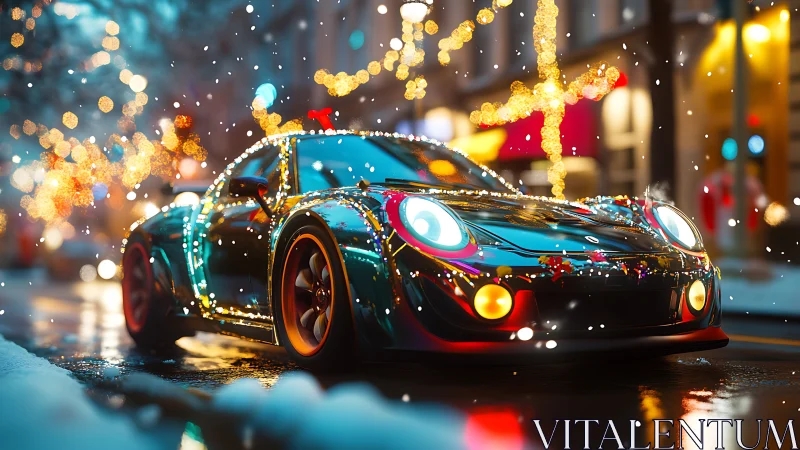 Sports car with festive lights on snowy city street at night.