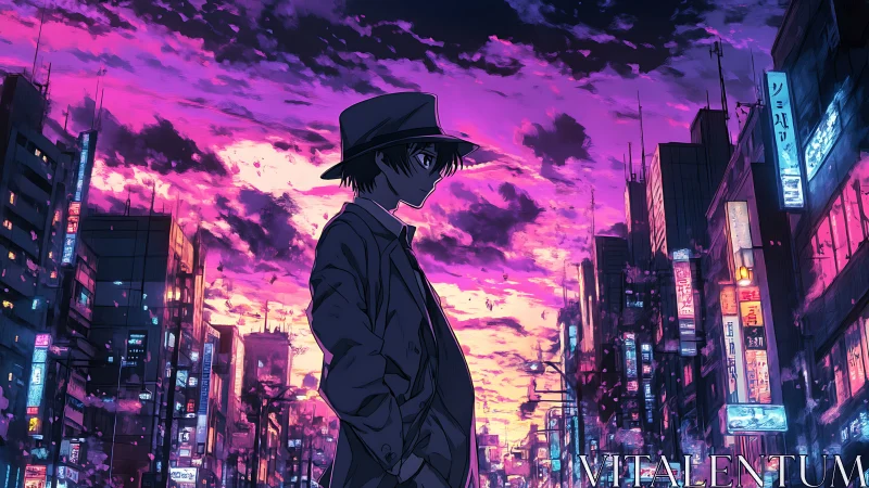 Silhouetted figure in neon cityscape at saturated sunset.