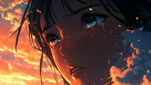 Tearful sunset gaze wrapped in glowing evening clouds.