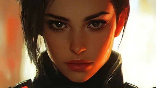Intense close-up of determined woman in sci-fi armor.