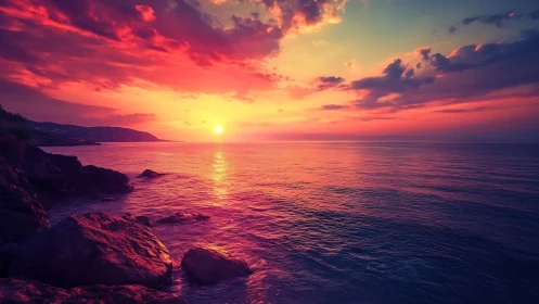 Coastal shoreline meets open sea under saturated sunset sky