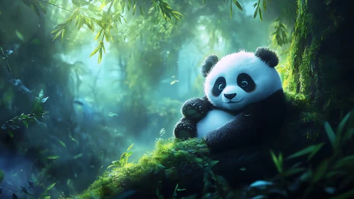 Playful baby panda resting in luminous mossy forest clearing.