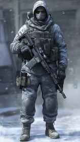 Winter urban operator in camouflaged tactical gear, rifle ready
