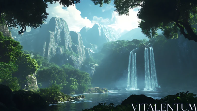 Lush jungle valley with twin waterfalls under bright sky.
