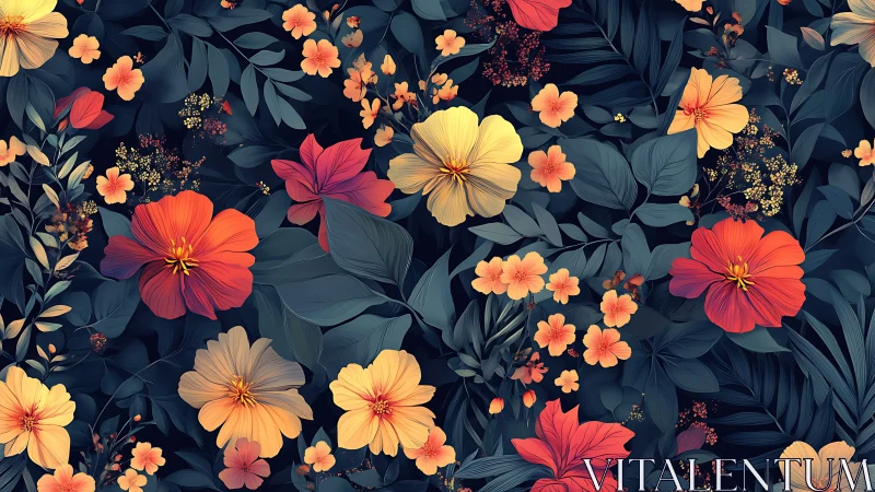 Digital Floral Composition with Layered Warm Tones and Dark Navy Base