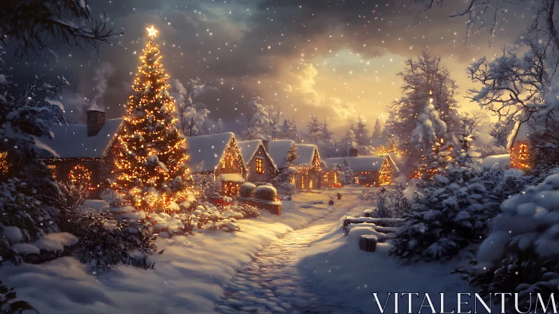 Snowlit Christmas village glows under storybook winter sky.