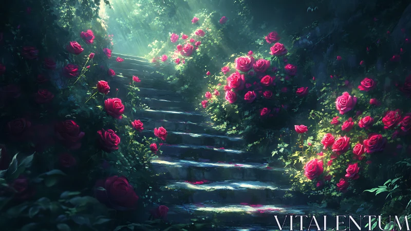 Enchanted Garden Pathway Through Blooming Roses.