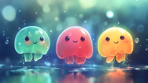 Bubble-bright jelly pals drift in dreamy neon waters.