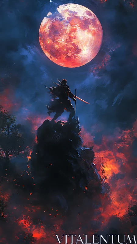 Lone warrior faces burning crimson moon above wildfire