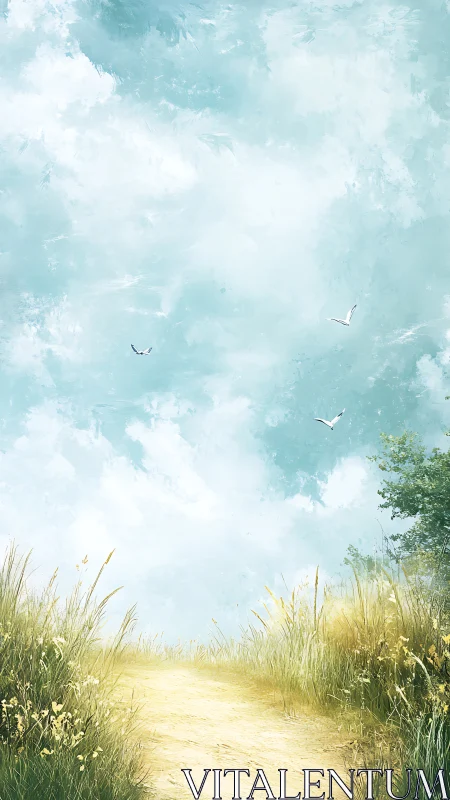 Sunlit dirt path framed by tall grasses under expansive sky