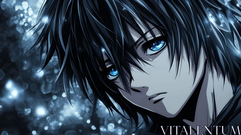 Blue-eyed anime boy in moody bokeh night lighting.
