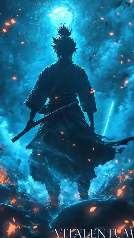 Lone samurai beneath ethereal blue moonlit inferno.