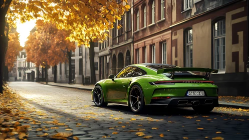 Lime green sports car on autumn cobblestone boulevard at dusk.