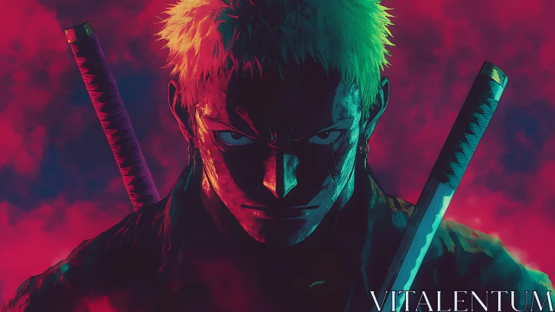 Fierce swordsman framed in neon stormlight stands unshaken.