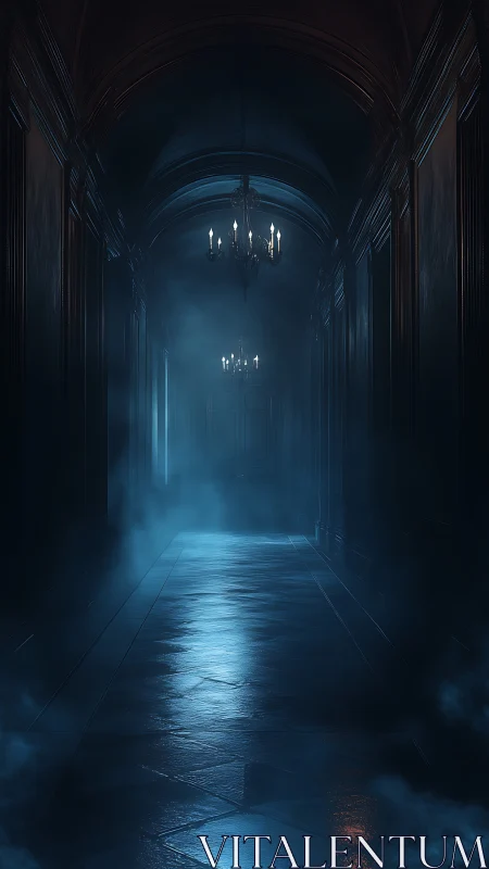 Dim corridor shows chandeliers, arched ceiling and floor haze